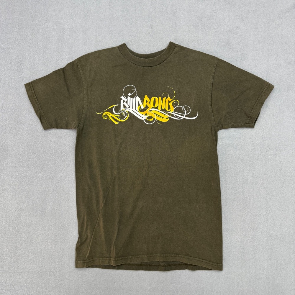Vintage Y2K Billabong Graffiti Graphic T Shirt Mens Medium Olive Green USA Made